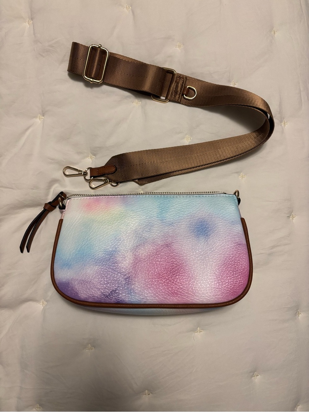 Pastel Tie-Dye Leather Crossbody Bag with Brown Strap